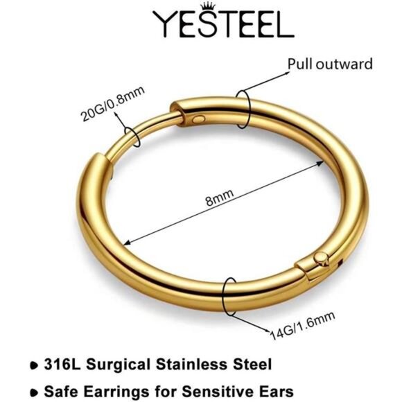 316L Surgical Steel Hoop Earrings, 6mm-20mm Huggie Hoop Earrings Men Trendy